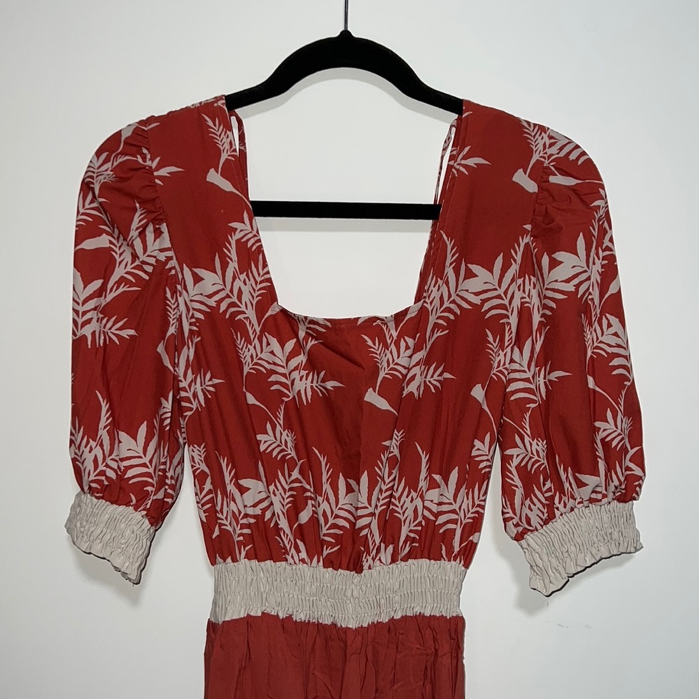 Rust Floral Maxi Dress with Smocked Waist